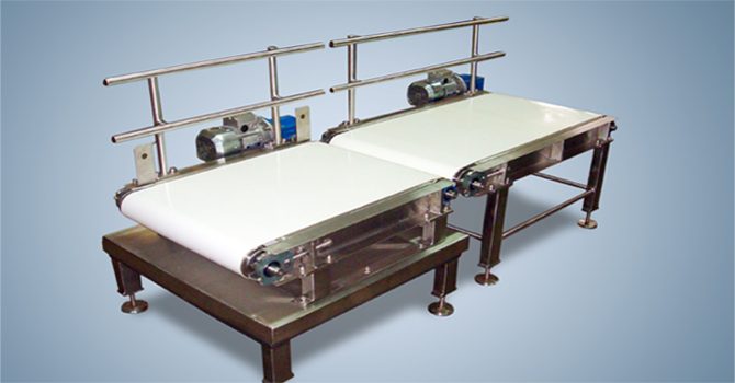 Stainless steel belt conveyors with white food-grade PU belts manufactured by Unique Products India