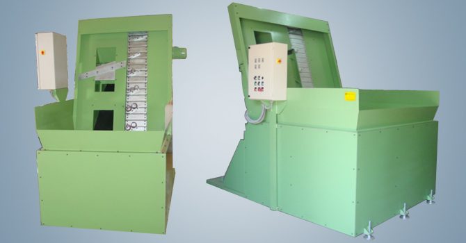 Hopper feeder conveyor with carrier-plate elevator belt manufactured by Unique Products India